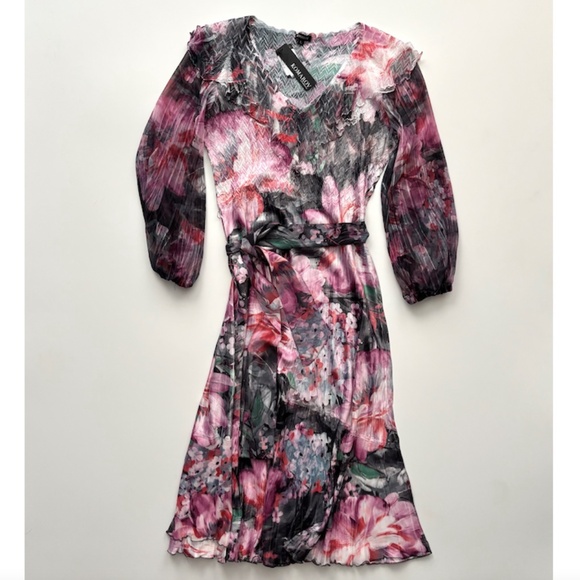 Komarov Nwt Pink Annami Floral Belted Ruffled V Neck Dress Large L - Picture 1 of 8